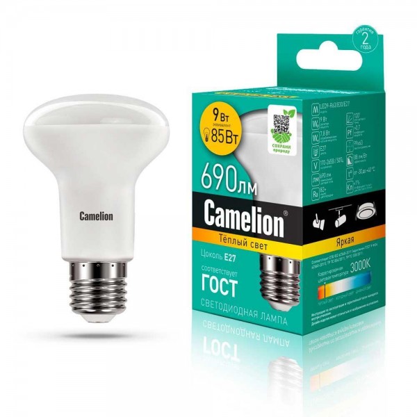 Лампа светодиодная Camelion E27 9W 3000K LED9-R63/830/E27 13476 — Дзинь ля-ля