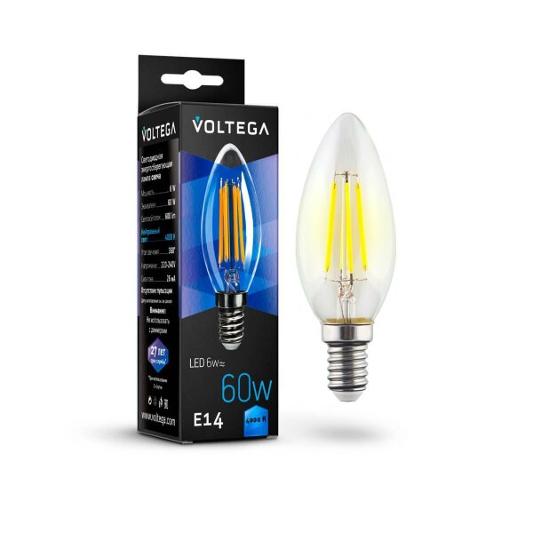 Лампа светодиодная филаментная Voltega E14 6W 4000К прозрачная VG10-C1E14cold6W-F 7020 — Дзинь ля-ля