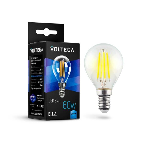 Лампа светодиодная филаментная Voltega E14 6W 4000К прозрачная VG10-G1E14cold6W-F 7022 — Дзинь ля-ля