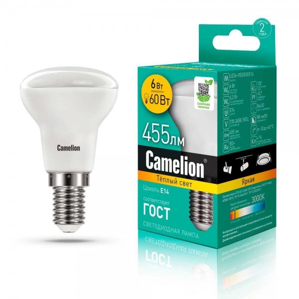 Лампа светодиодная Camelion E14 6W 3000K LED6-R50/830/E14 11658 — Дзинь ля-ля