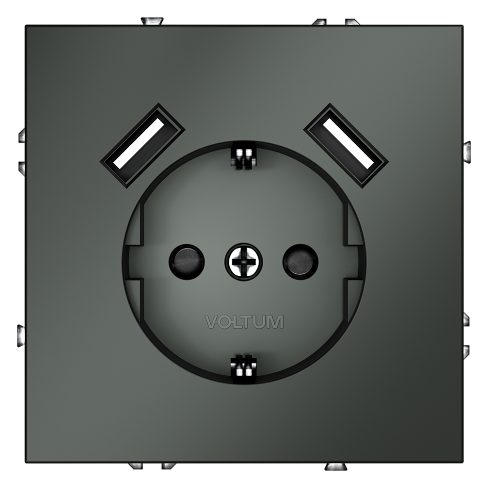 Розетка встраиваемая VOLTUM S70 с заземлением и защитными шторками, 16А, с USB, A+A, (титан) фото 1 — Дзинь ля-ля