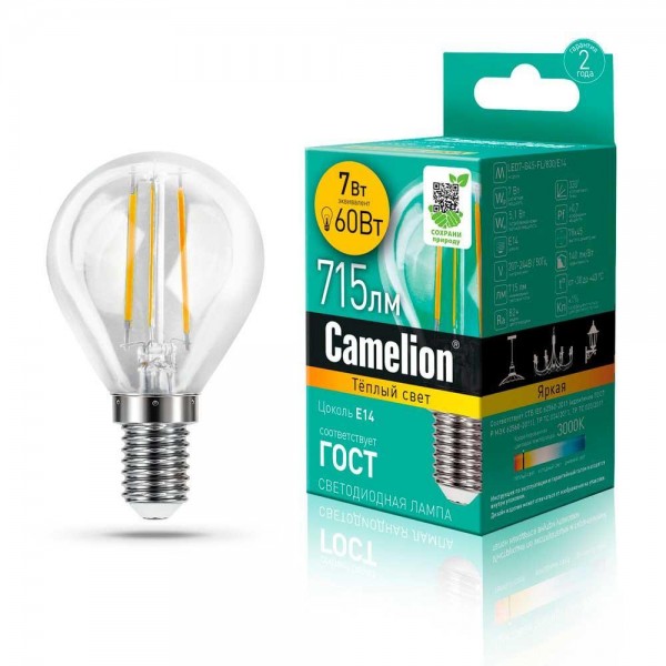 Лампа светодиодная Camelion E14 7W 3000K LED7-G45-FL/830/E14 13456 — Дзинь ля-ля