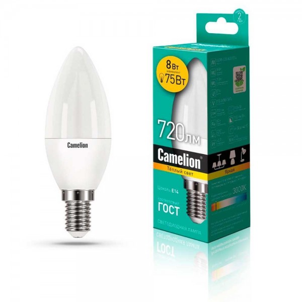 Лампа светодиодная Camelion E14 8W 3000K LED8-C35/830/E14 12385 — Дзинь ля-ля