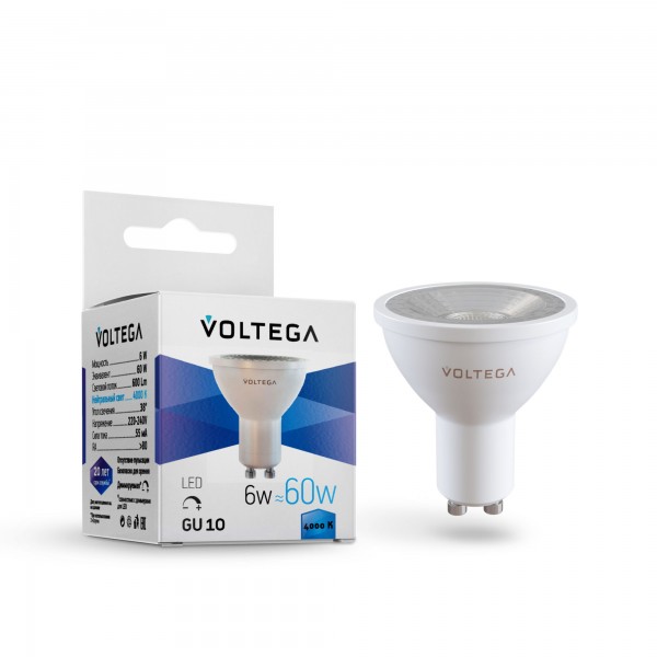 Лампа светодиодная диммируемая Voltega GU10 6W 4000К прозрачная VG2-S1GU10cold6W-D 7109 — Дзинь ля-ля