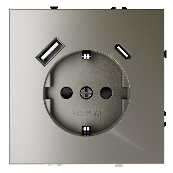 Розетка встраиваемая VOLTUM S70 с заземлением и защитными шторками, 16А, с USB, A+С, (шелк) — Дзинь ля-ля