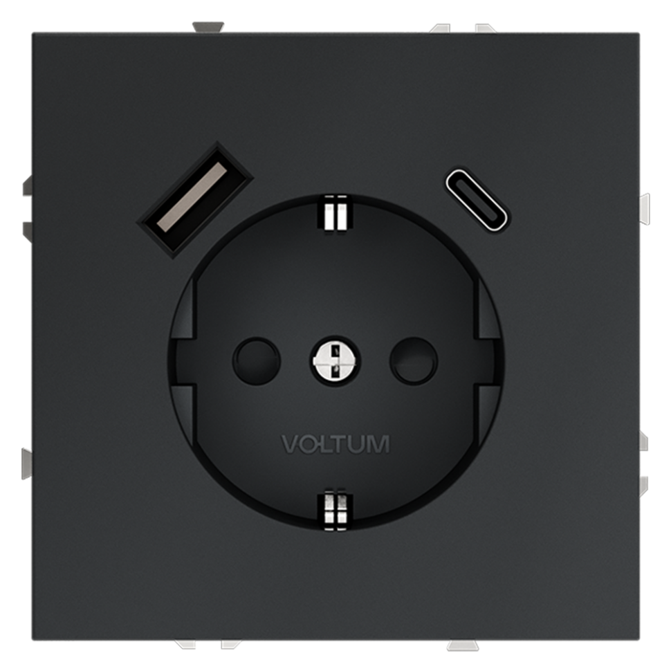 Розетка встраиваемая VOLTUM S70 с заземлением и защитными шторками, 16А, с USB, A+С, (графит) фото 1 — Дзинь ля-ля