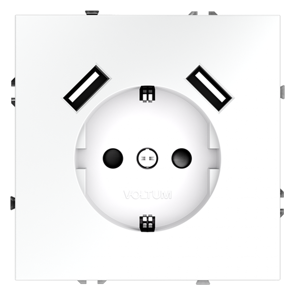 Розетка встраиваемая VOLTUM S70 с заземлением и защитными шторками, 16А, с USB, A+A, (белый матовый) фото 1 — Дзинь ля-ля