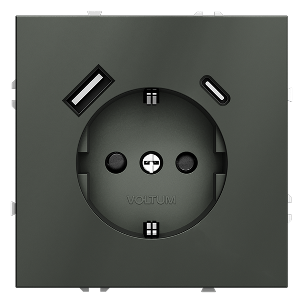 Розетка встраиваемая VOLTUM S70 с заземлением и защитными шторками, 16А, с USB, A+С, (титан) фото 1 — Дзинь ля-ля