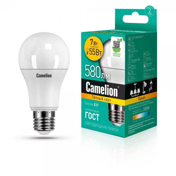Лампа светодиодная Camelion E27 7W 3000K LED7-A60/830/E27 11253 — Дзинь ля-ля