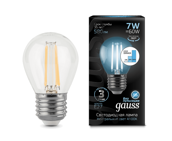Лампа Gauss LED Filament Шар E27 7W 580lm 4100K step dimmable — Дзинь ля-ля