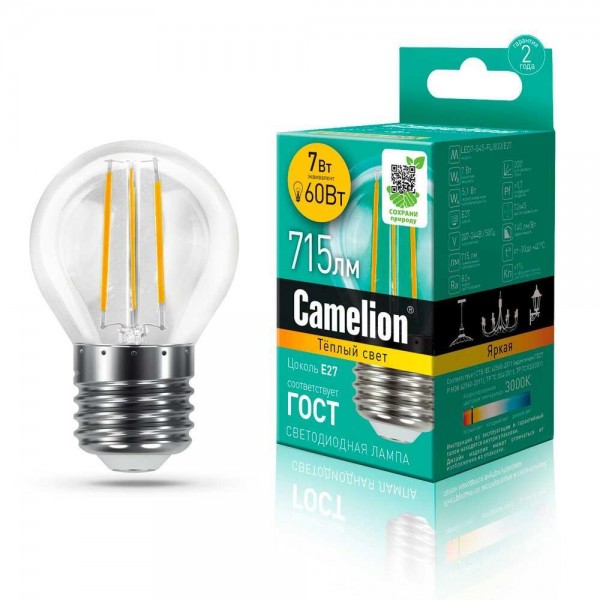Лампа светодиодная Camelion E27 7W 3000K LED7-G45-FL/830/E27 13457 — Дзинь ля-ля