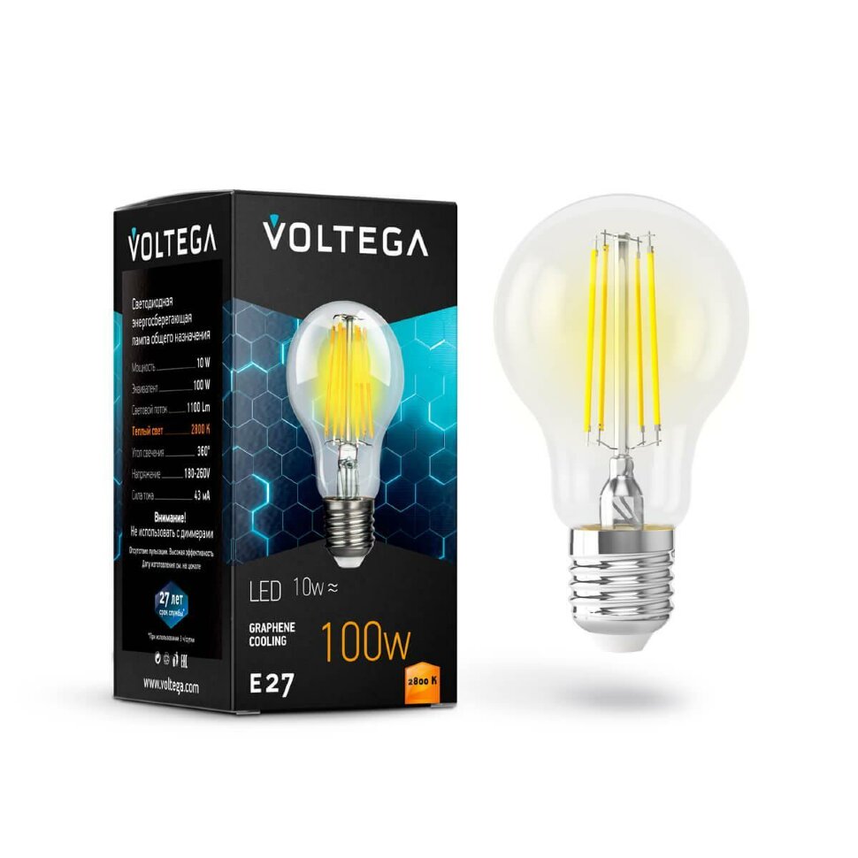Лампа светодиодная филаментная Voltega E27 10W 2800К прозрачная VG10-А1E27warm10W-F 7102 фото 1 — Дзинь ля-ля