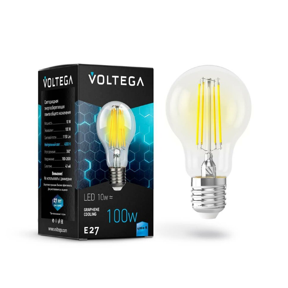 Лампа светодиодная филаментная Voltega E27 10W 4000К прозрачная VG10-А1E27cold10W-F 7101 фото 1 — Дзинь ля-ля