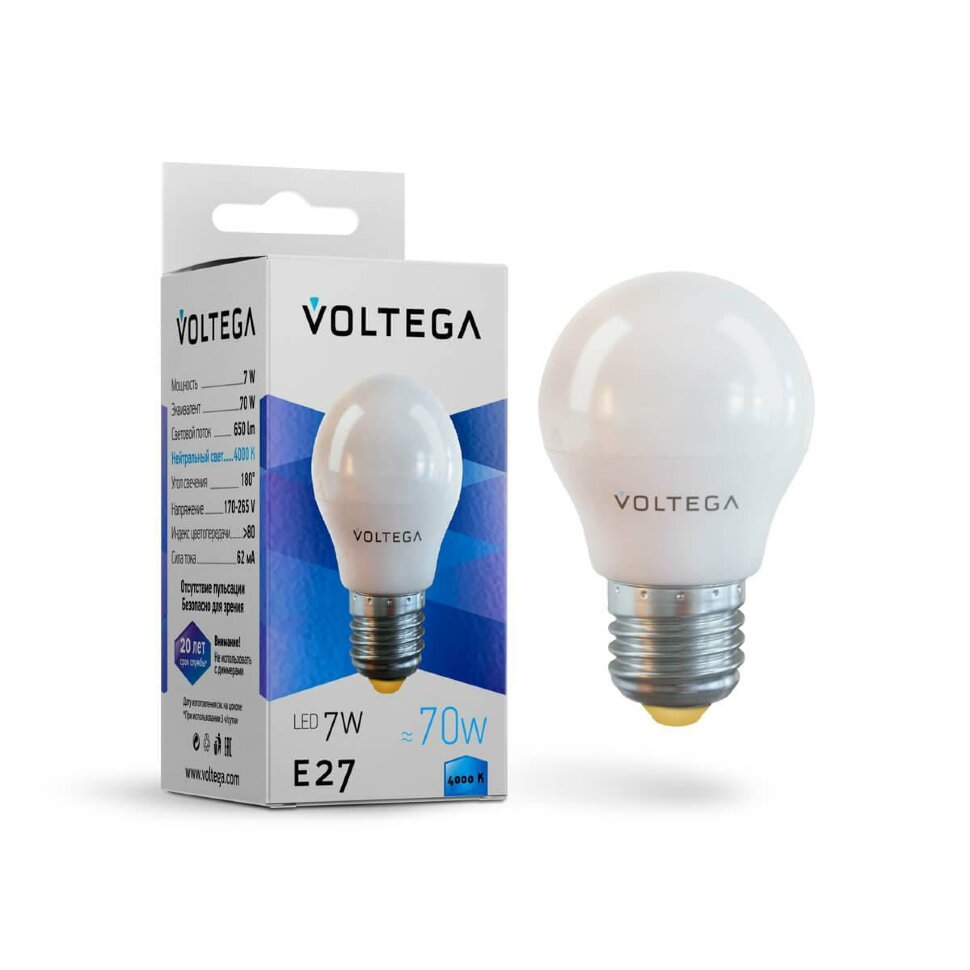 Лампа светодиодная Voltega E27 7W 4000К матовая VG2-G45E27cold7W 7053 фото 1 — Дзинь ля-ля