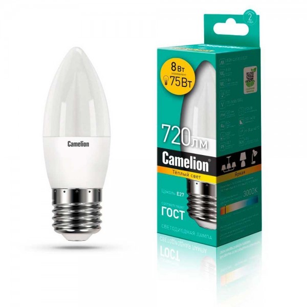 Лампа светодиодная Camelion E27 8W 3000K LED8-C35/830/E27 12389 — Дзинь ля-ля