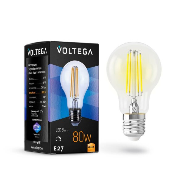 Лампа светодиодная филаментная диммируемая Voltega E27 8W 2800К прозрачная VG10-А1E27warm8W-FD 5489 — Дзинь ля-ля